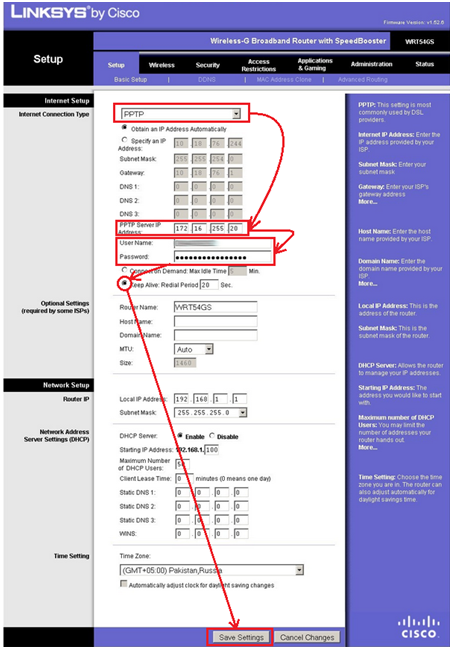 настройка PPTP роутера linksys wrt54gl