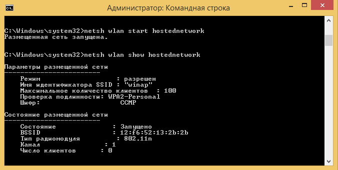 Windows 8.1, командная строка, команда netsh wlan show hostednetwork