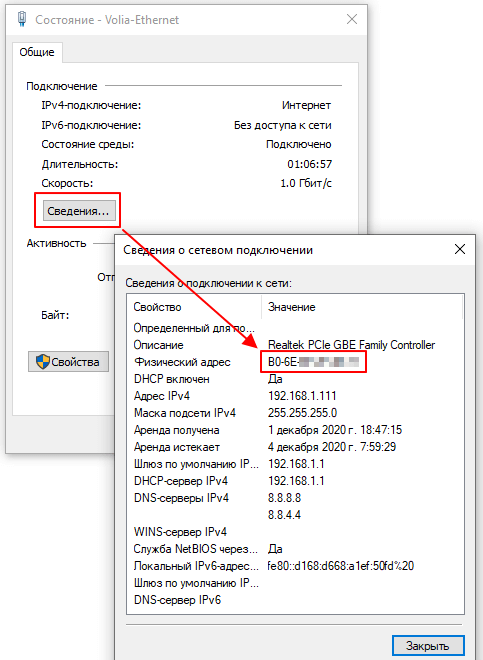 MAC адрес в сведениях