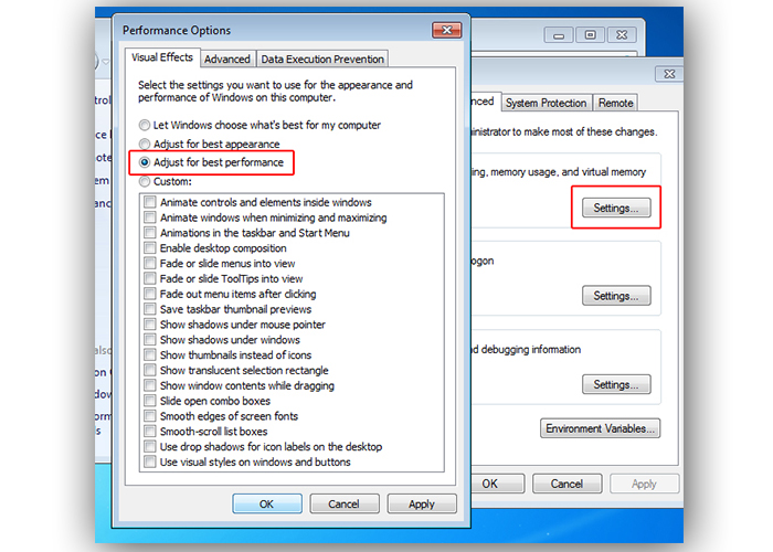 ускоряем windows 7 отключаем ненужные фоновые службы Shhelkaem zakladku Vizualnye jeffekty stavim tochku naprotiv Obespechit nailuchshee bystrodejstvie i nazhimaem OK
