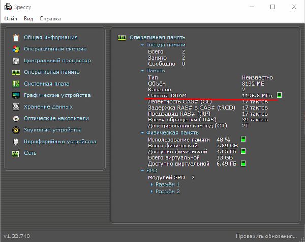 Информативная сводка об используемой ОП в Speccy