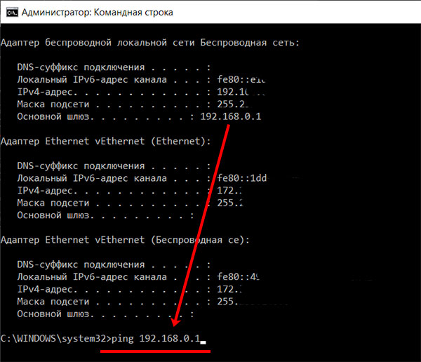 Ввод команды ping