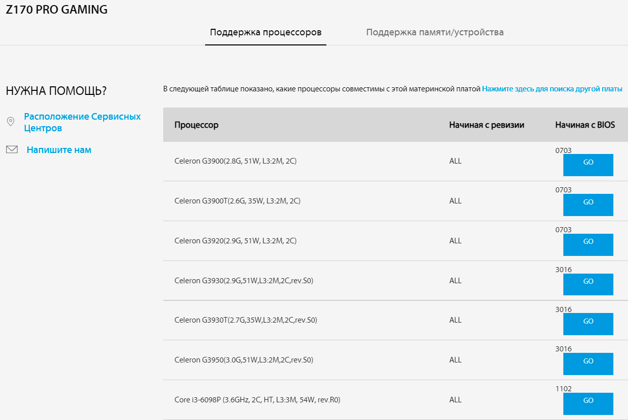 Список поддерживаемых материнкой процессоров