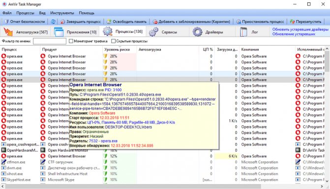 Информация о приложениях в AnVir Task Manager