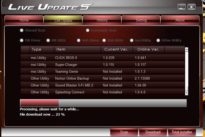 Окно MSI Live Update 5